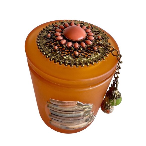 Orange Glass Jar Books Jewel Encrusted Lid Ball Tassle Vanity Jar Jeweled Orange - Picture 7 of 10